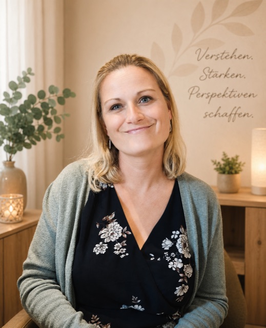 Porträt von Tina Steingreß: sie sitzt lächelnd in ihrem
                    Beratungsraum, an der Wand dahinter steht „Verstehen. Stärken.
                    Perspektiven schaffen.“